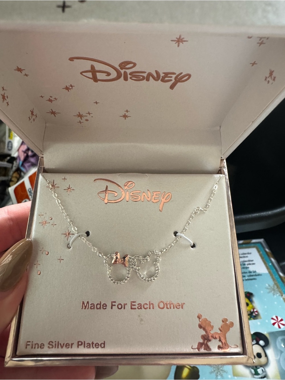 Disney Silver Plated Minnie & Mickey Linked Pendant Necklace with Rose Accent